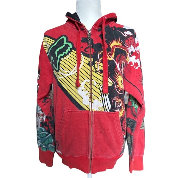 Fox Vintage Y2K Racing Dragon Print Ed Hardy Style Blossom Red Hoodie Size Small - Picture 1 of 11